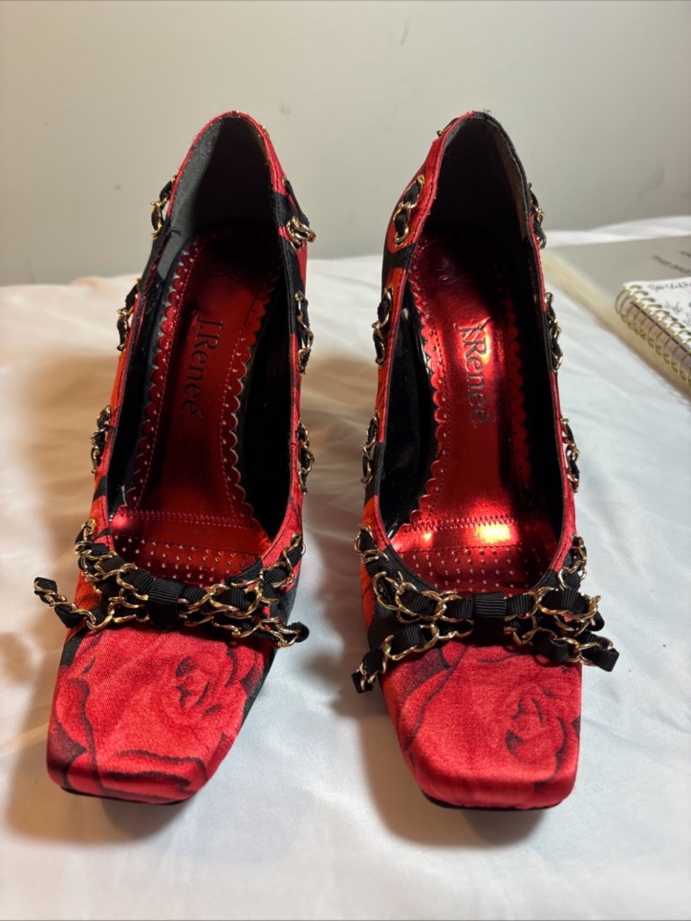 J.Renee Red Floral Chain-Trim Heels
